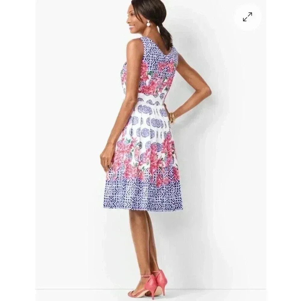 Talbot Mosaic Floral Sateen Fit & Flare Pink Blue Pleated Dress Knee Length Sz 8 - Picture 5 of 16